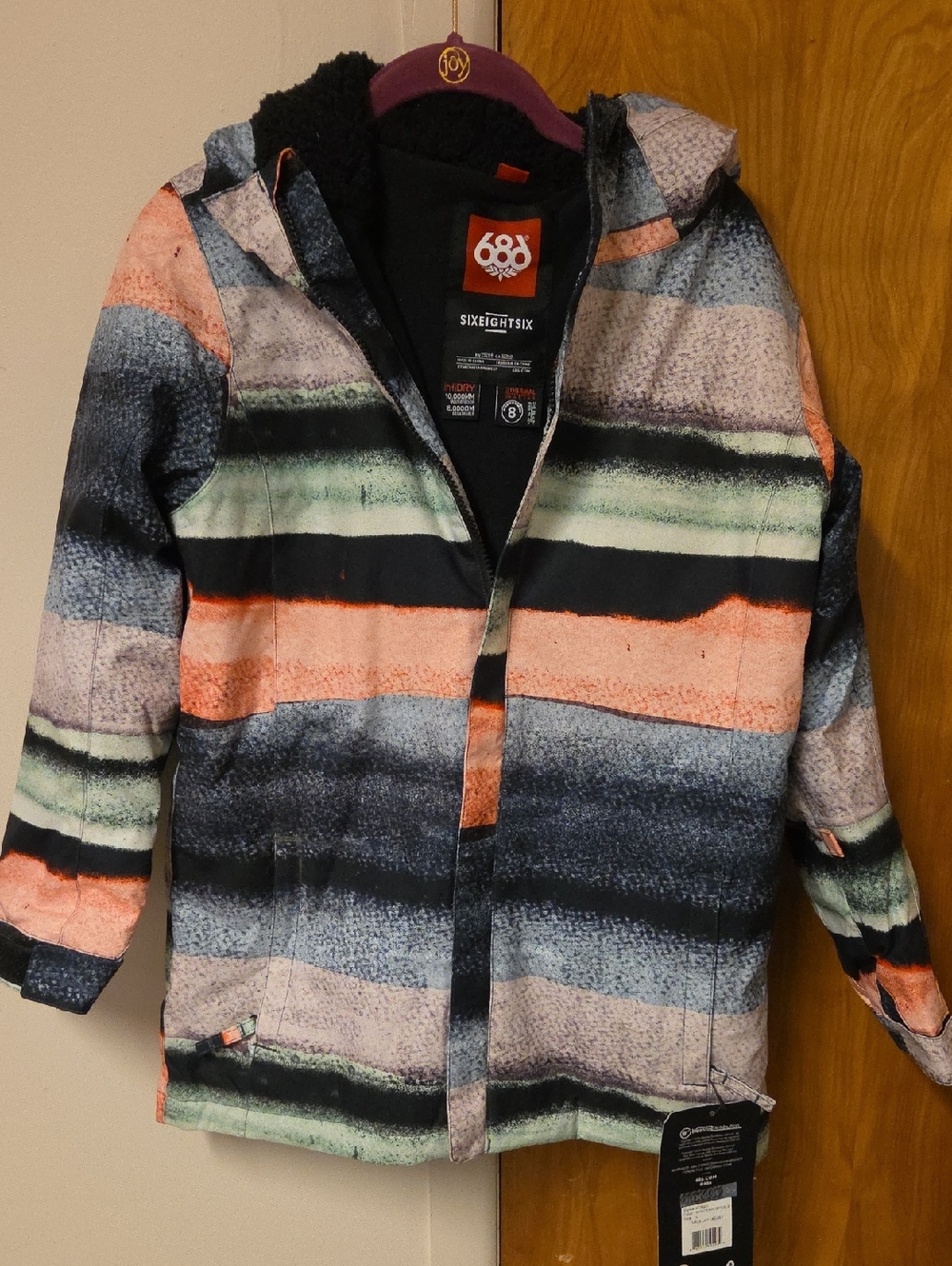 686 Kids Striped Hooded Puffer Jacket in Black, Peach & Mint